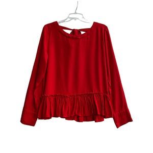 Cloth & Stone Blouse Tunic S Red Round Neck Long Sleeve Ruffle Hem Boho Artsy